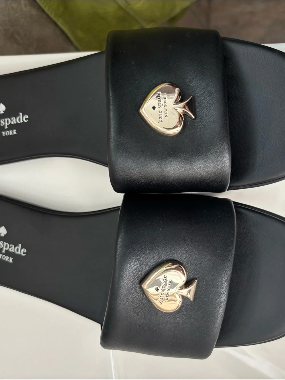 Kate Spade - Kendall Smooth Leather Black Slide Sandals with Gold Heart-Spade